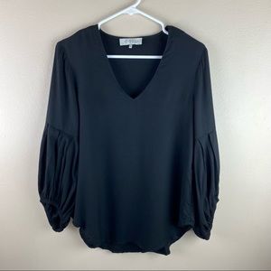 Wayf Black Balloon Sleeve V Neck Blouse Rayon XS